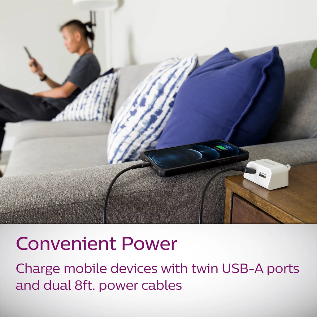 Twin USB Tabletop Charger, 4 USB-A Ports, 8ft Split Cord, White L267