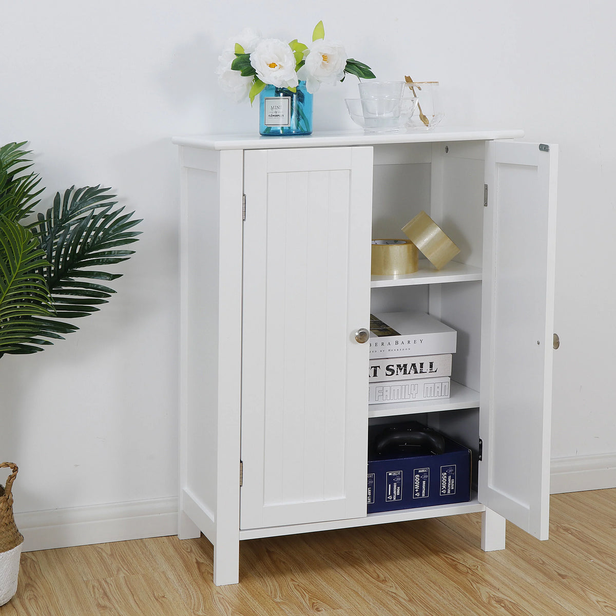 2-Door White Bathroom Floor Storage Cabinet with Adjustable Shelves T613763