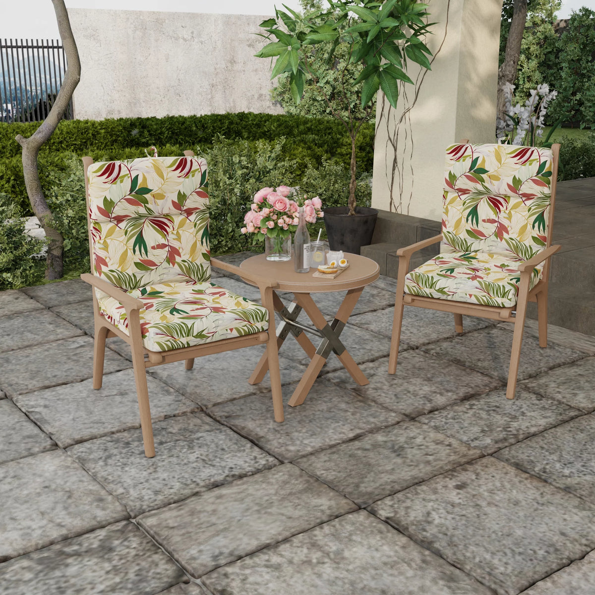 Beige Leaves Rectangular Outdoor Chair Cushion with Ties D1416
