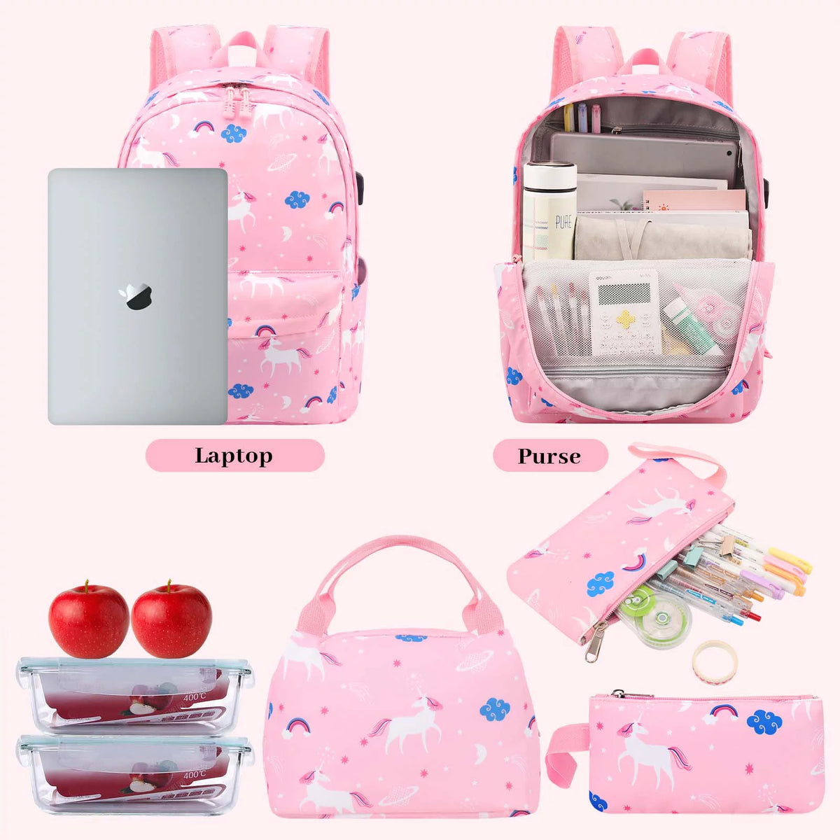 Pink Canvas School Backpack with USB Charging Port K687