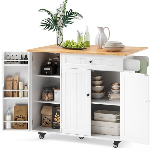 White Kitchen Island with Drop Leaf and Storage N2562