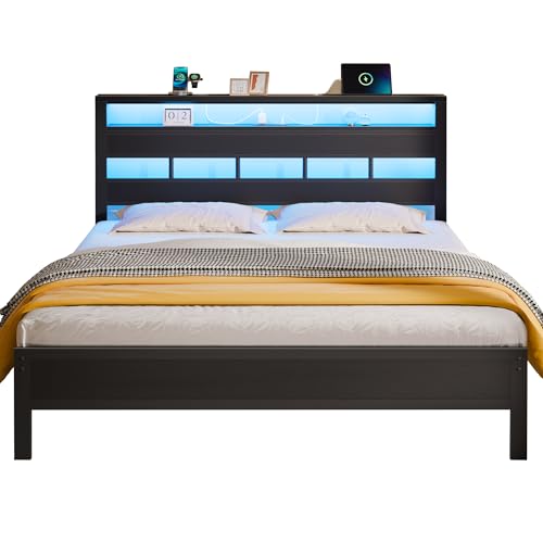 Full Size Black Oak Bed Frame with Storage Headboard and Charging Station P916