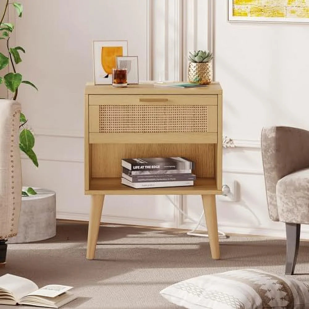 Rattan Nightstand with Charging Station 5 Drawers N4382