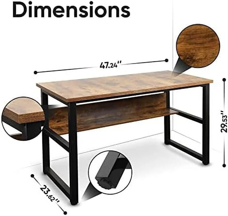 Computer Desk with Shelves 47 Inches Natural Wood Black Metal Frame Q628135