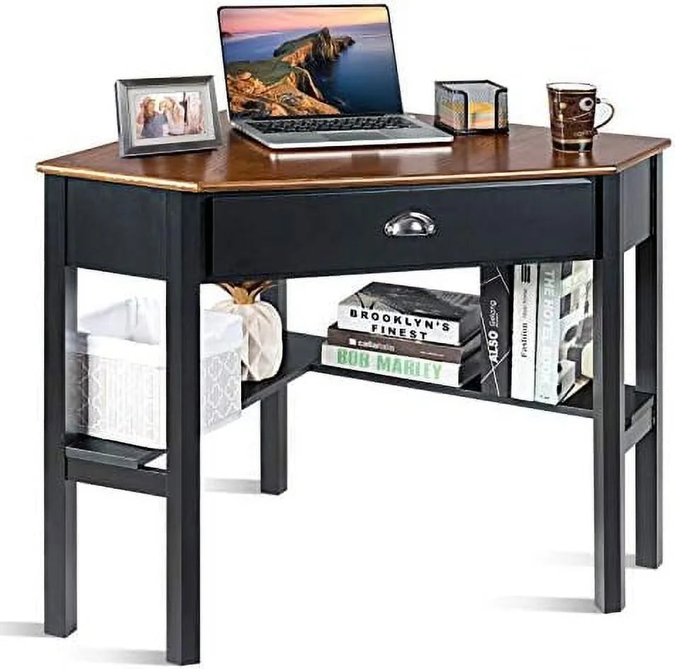 White Corner Desk with Drawer and Shelves Q48461