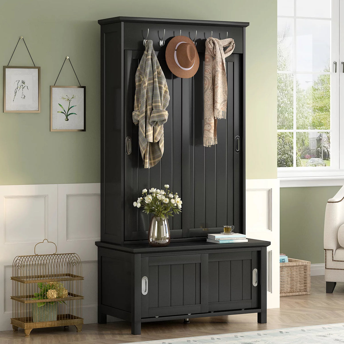 Black Wooden Hall Tree with Bench and Shoe Storage E835118