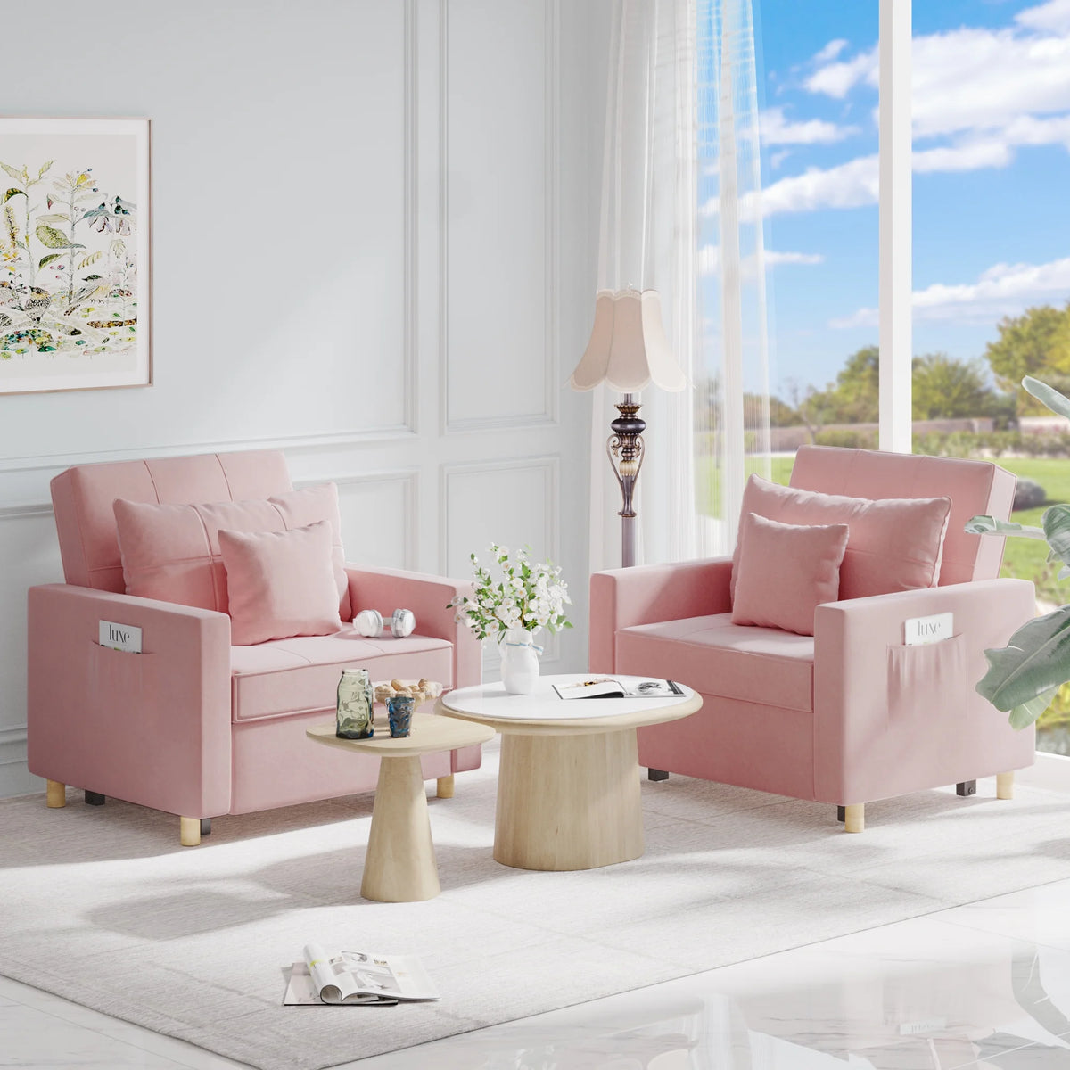 40 Inch 3-in-1 Convertible Sleeper Chair Bed Pink Linen Fabric L6845